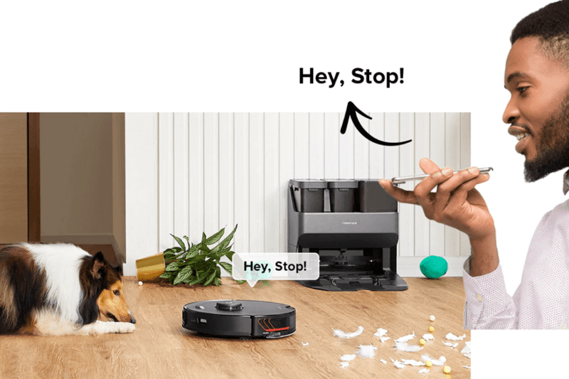 A pet owner communicates with a dog via the Roborock S7 MaxV Ultra